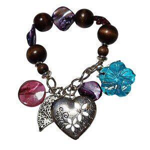 Handcrafted Charm Bracelet Wooden Beads Metal Heart Bird Blue Floral Charms